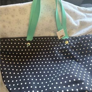 Fossil Navy Polka Dot Tote with Mint Green Straps